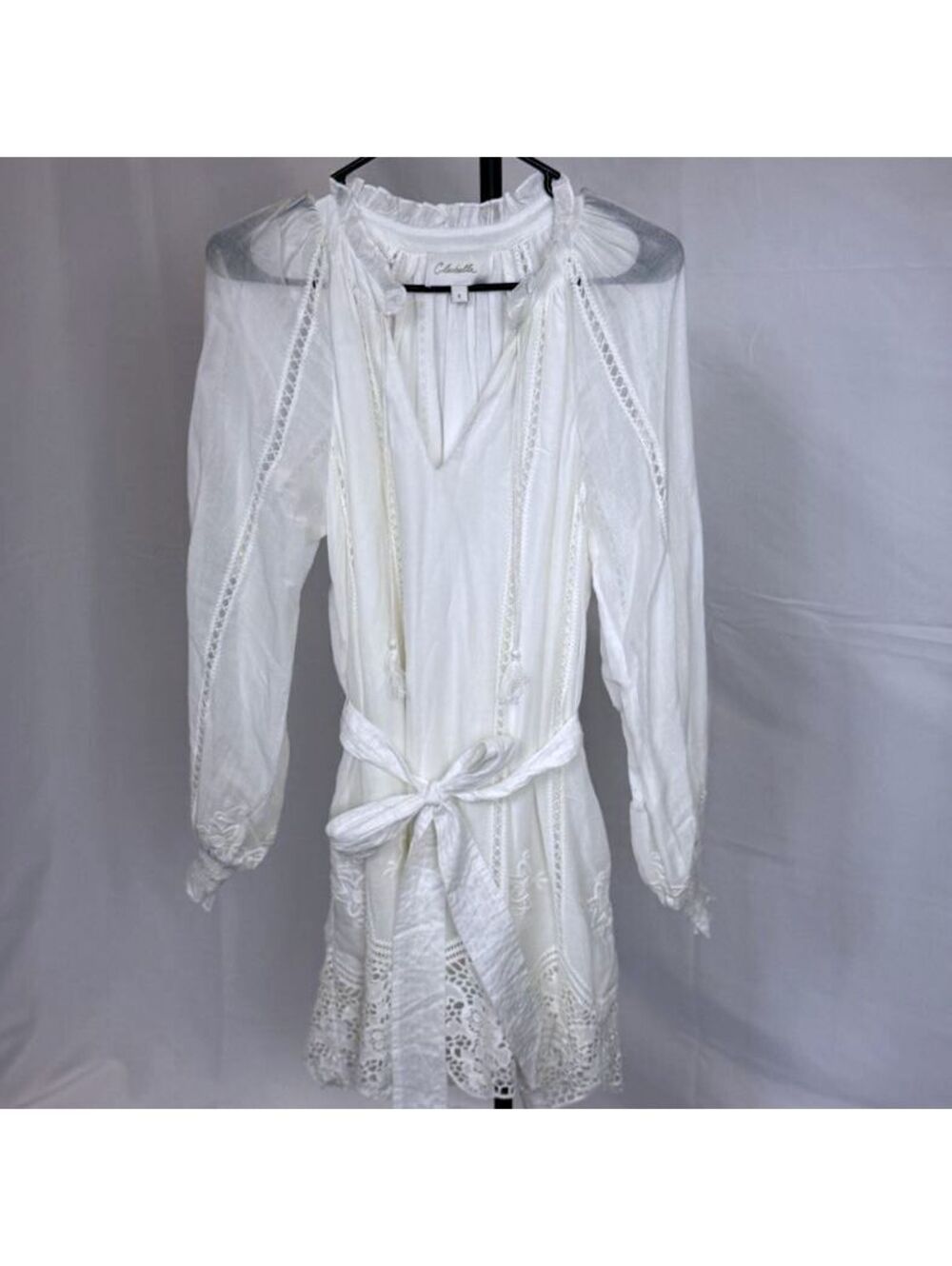 Cleobella Long Sleeve Waist & Neck Tie Lace Pattern Ivory Mini Dress Size S